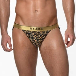 St33le - Cotton Print Low Rise Jockstrap - Black/Gold Filigree