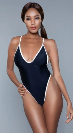Be Wicked Payton Thong One Piece Swimsuit -Swimming Clothing BW 1981 black front3 2020JUN23576